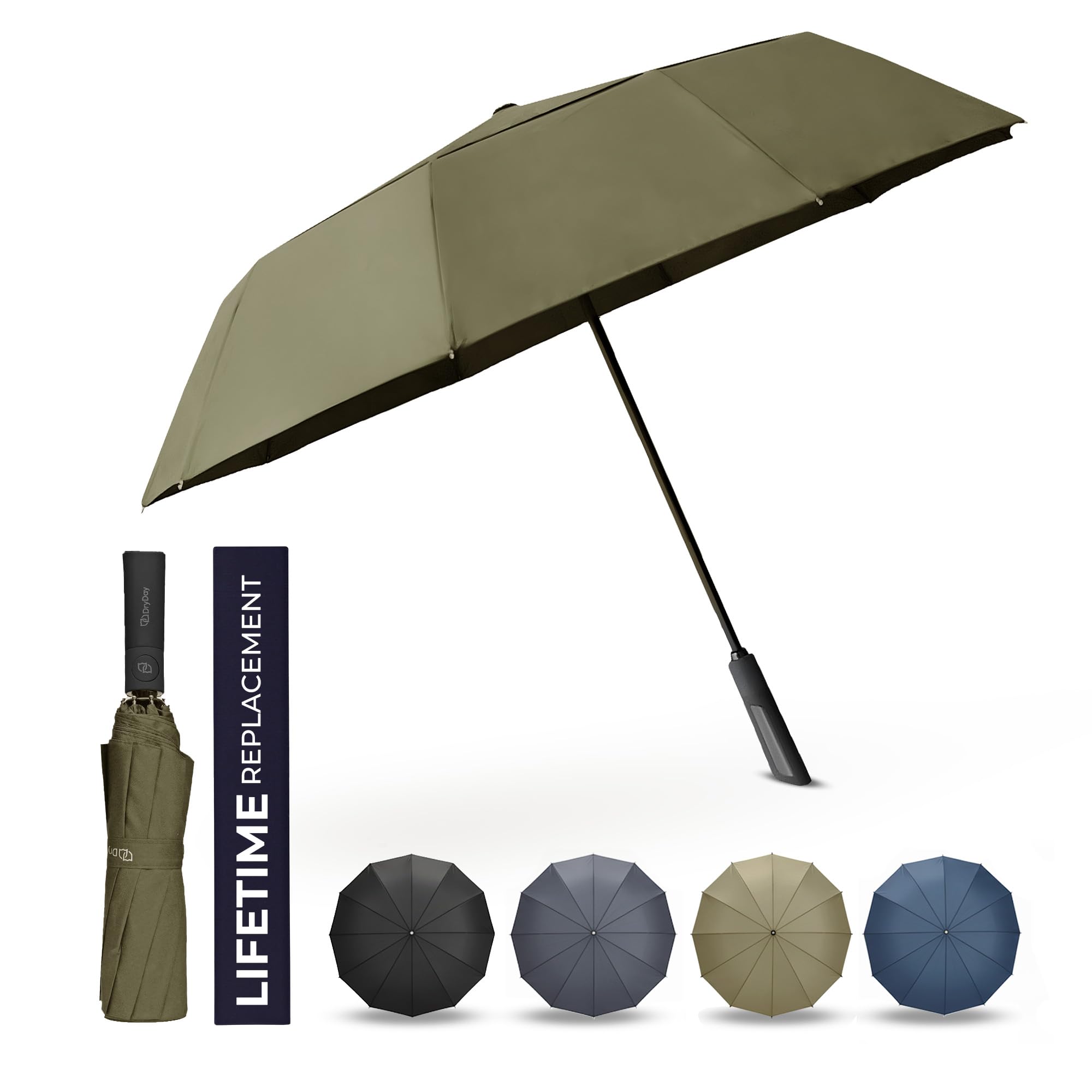 DryDay Premium Umbrellas for Rain, Large Windproof Double Canopy Umbrella, 10 Aluminum Ribs, Sturdy Frame, Auto Open Close Unique Handle, Windproof &