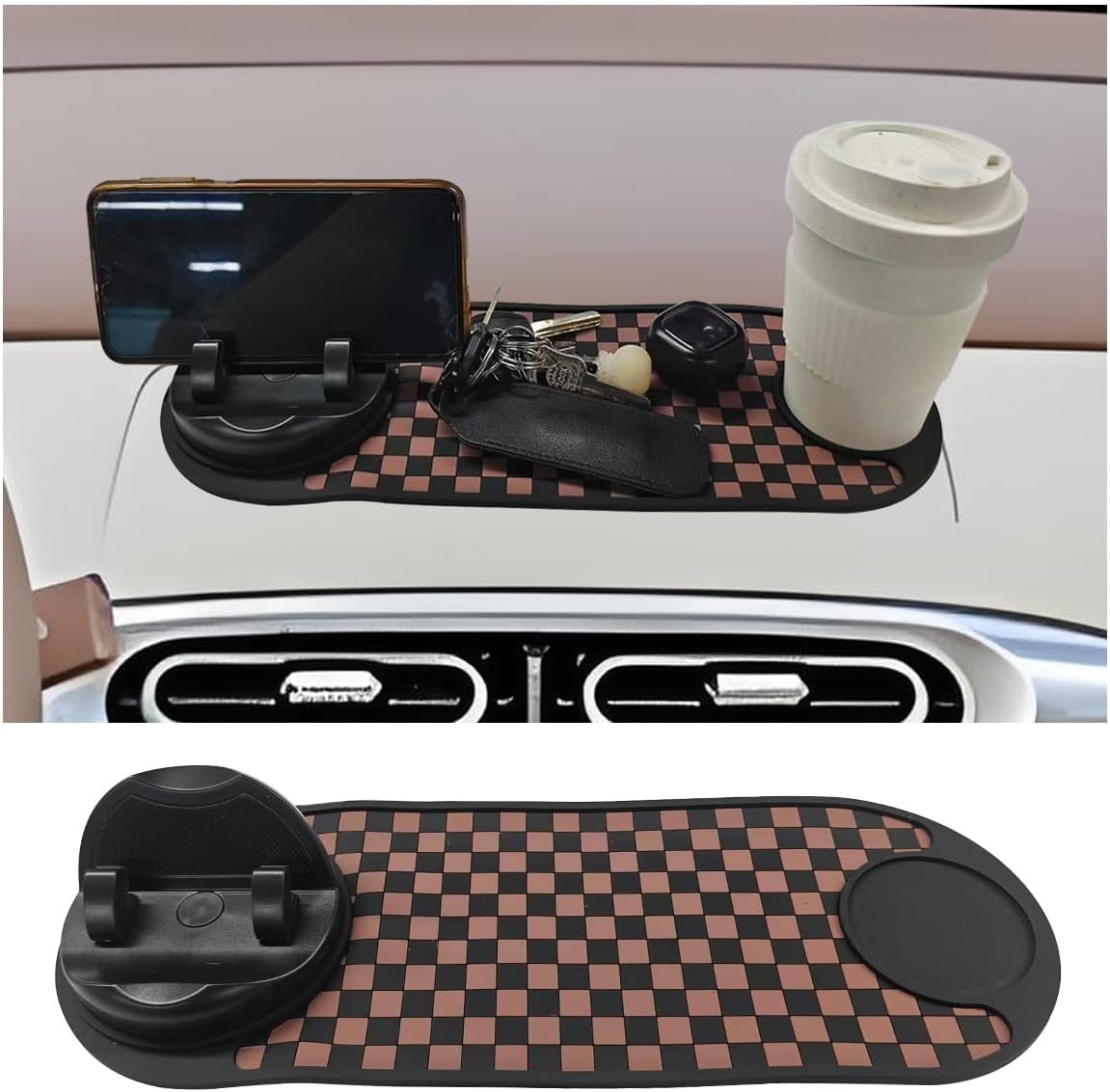 Universal Anti-Slip Car Dashboard Mat, 360° Rotatable Car Phone Holder with Temporary Parking Number, Multifunctional Auto Interior Organizer Pad for Sunglasses, Keys (Black&Brown)