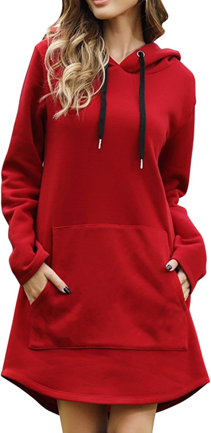 Womens Casual Loose Drawstring Hooded Sweatshirts Solid Color Pullover Long Tops Long Sleeve Mini Dress with Pockets