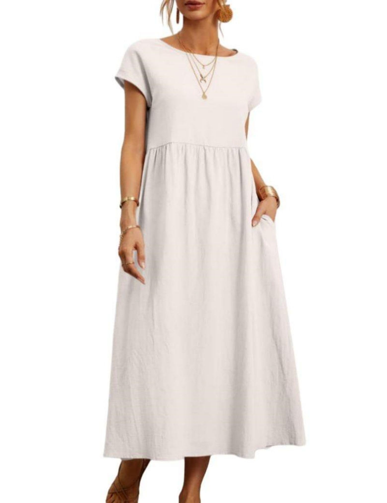 Women's Casual Smocked Cotton Dress - Loose Half Sleeve, Pocket, Maxi Length (2025 Style)