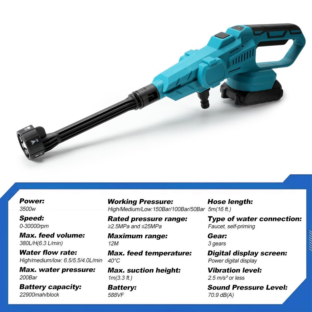 Pistola de agua de alta presión con batería, motor sin escobillas, boquilla multifunción 6 en 1, boquilla giratoria de 180°, manguera de 380 L/H, 5 m, para coches, terrazas, ventanas (2 baterías)