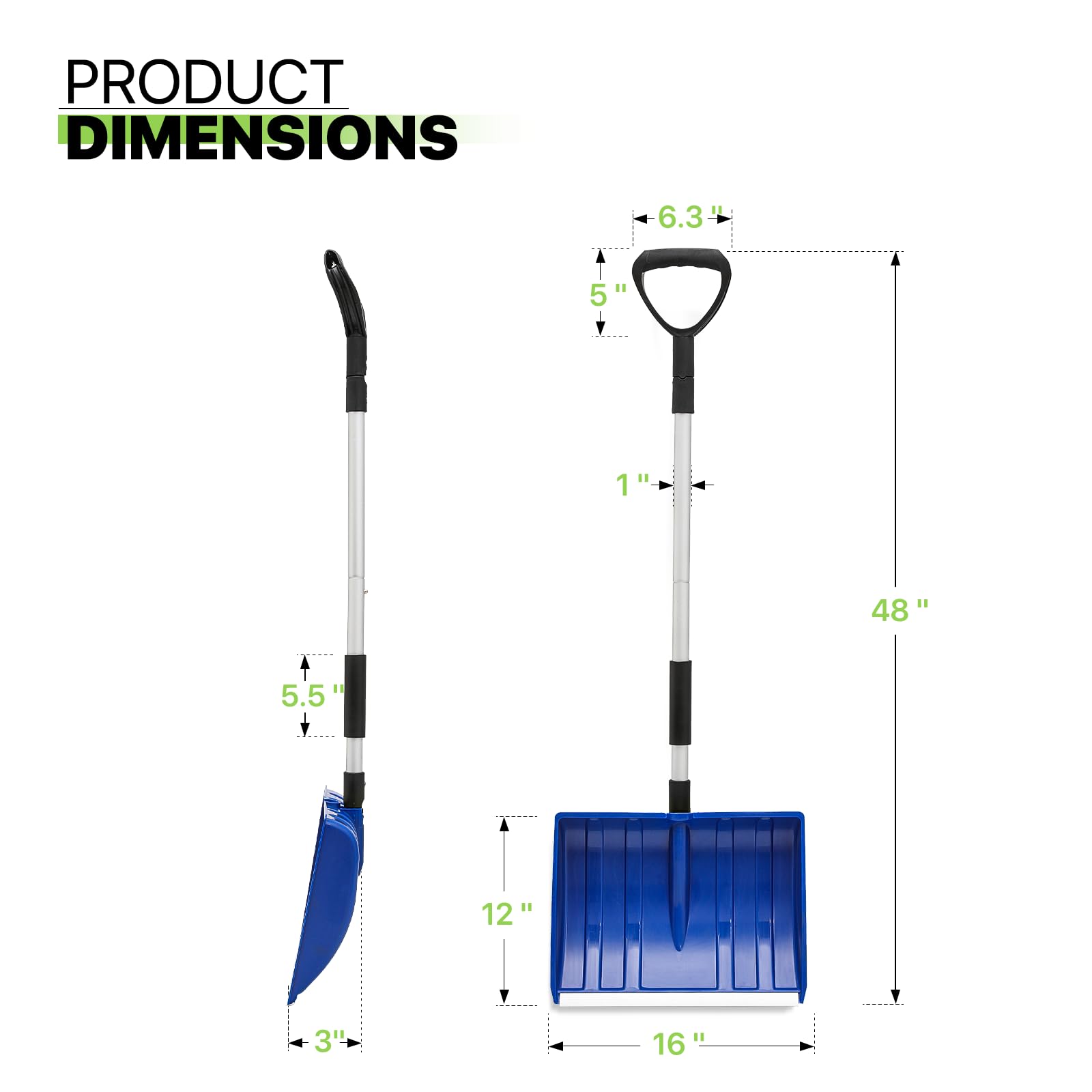 Magshion Pala da neve ergonomica da 40,6 cm con manico in alluminio leggero, rimozione della neve per vialetto e patio, blu