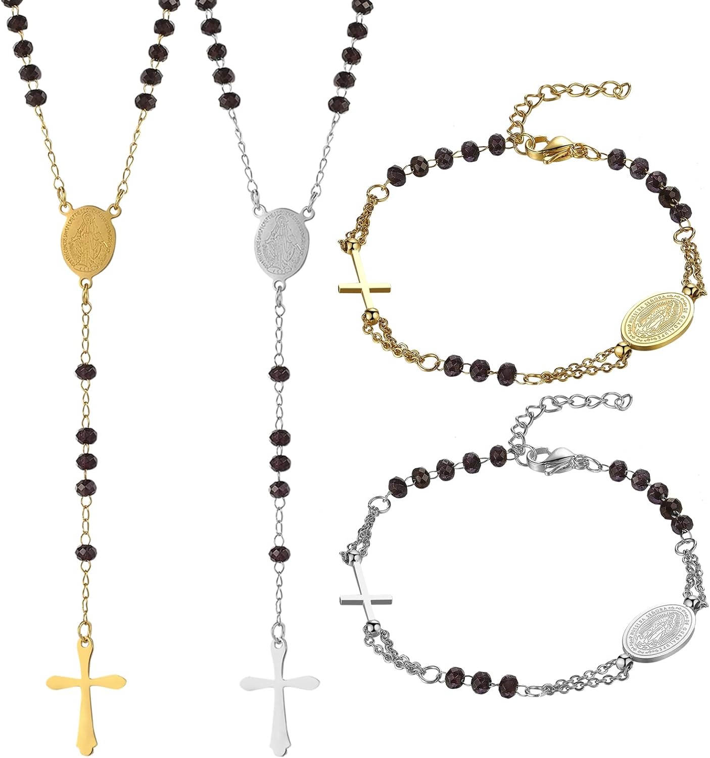 Rosary Beads Catholic Cross Necklace Bracelet: Stainless Steel Pearl Beaded Virgin Mary Medallion Christian Y Necklace Jewelry Gifts for Women Men - Image 6