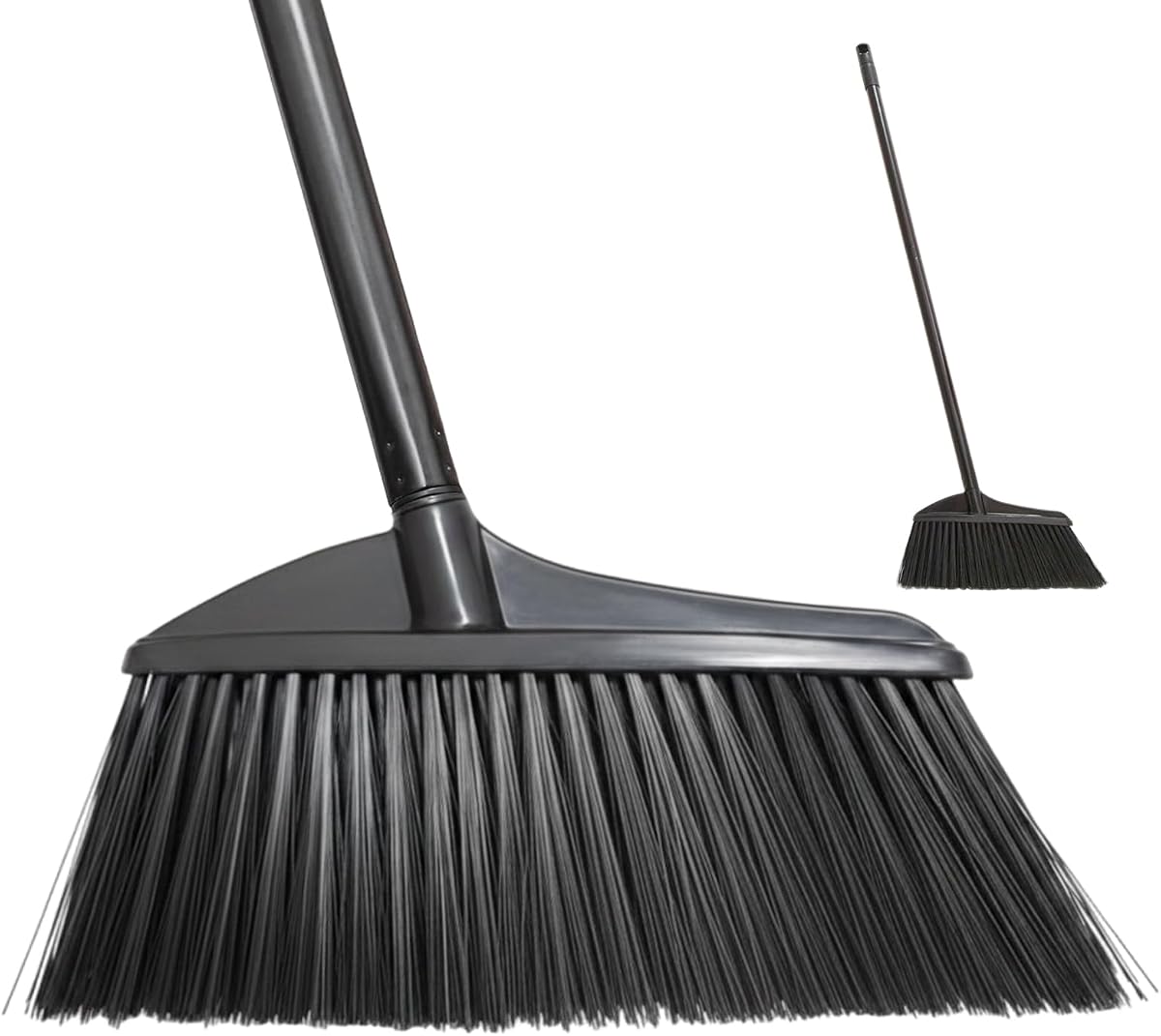 Black Broom for Floor Cleaning, 35" Heavy Duty Iron Handle Angled Broom with Stiff Bristles, Manual Sweeper for Kitchen, Apartment, RV, Small Spaces, Indoor Outdoor Use, 1 Pack