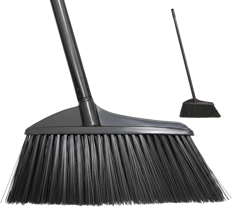Black Broom for Floor Cleaning, 35" Heavy Duty Iron Handle Angled Broom with Stiff Bristles, Manual Sweeper for Kitchen, Apartment, RV, Small Spaces, Indoor Outdoor Use, 1 Pack