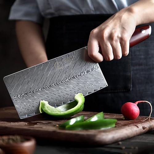 Miniatura 6 de YARENH Cuchillo chino de 7 pulgadas, cuchillo de chef de Damasco para cocina, 67 capas de acero inoxidable de alto carbono, mango de sándalo