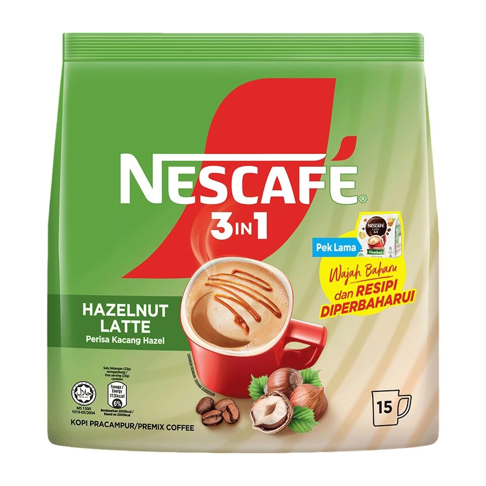 Image of NESCAFE 3-in-1 Hazelnut Latte Instant Coffee Premix, 15 Sachets Pack, Rich Creamy Blend with Roasted Hazelnut Flavor 345g (Product Of Malaysia) DECADENT FOODS