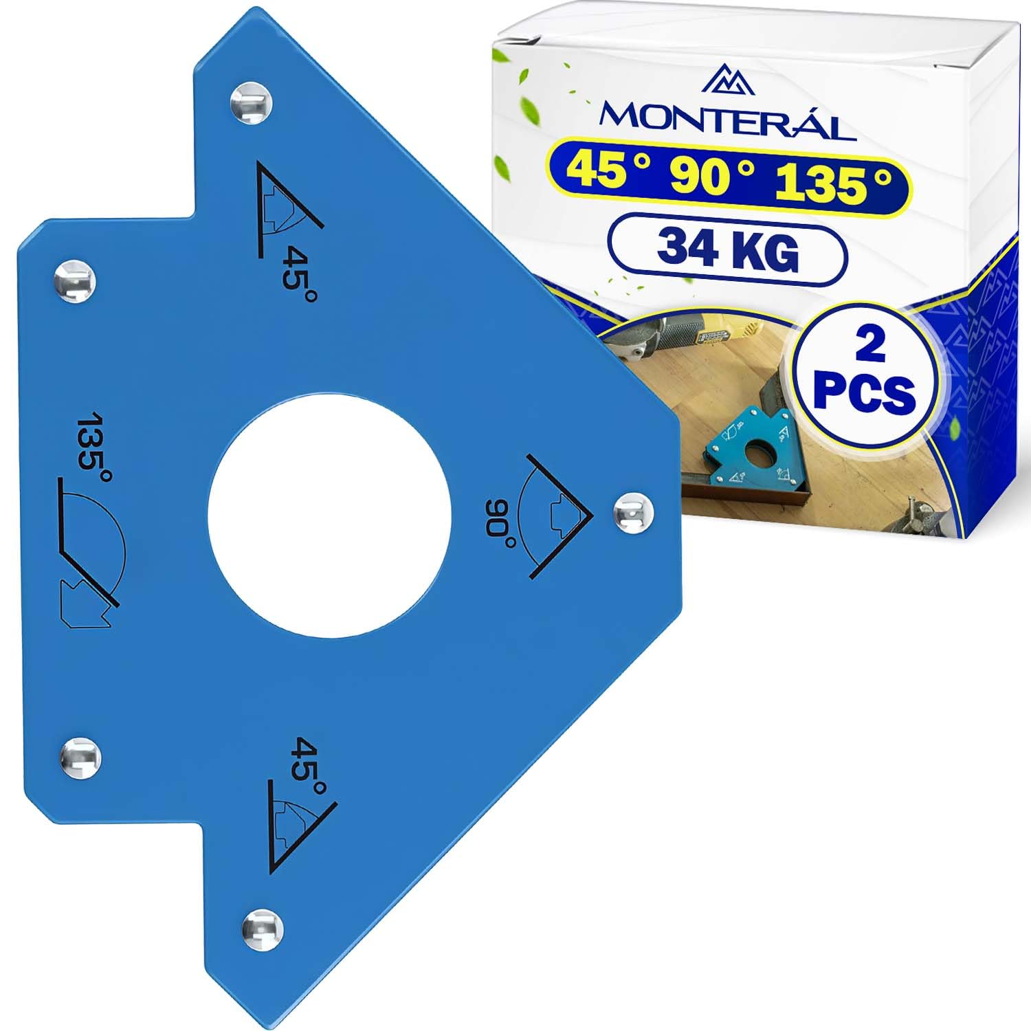 2 Piezas Escuadra Magnetica para Soldar con Fuerza de Tracción de 34 kg - Escuadras Magneticas Soldadura Permiten Ajustar con Precisión Ángulos de 45° 90° 135° - Garantía de 10 Años - MONTERAL