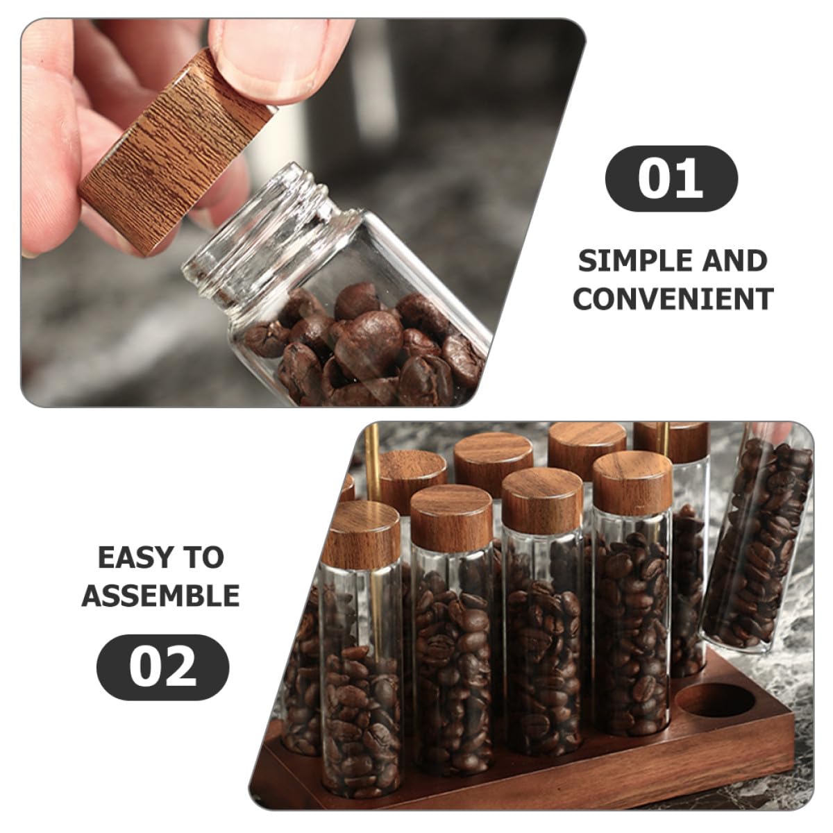 Glas Kaffeebohnenhalter mit Holzständer 10 Loch Sockel Aromadicht für Kaffeeutensilien und Küchenaufbewahrung