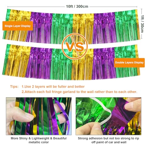Image of 4 Pack 39 Feet Green Gold Purple Foil Fringe Garland Metallic Tinsel Streamers Banner Fringe Backdrop Banner for Parade Floats Mardi Gras Birthday Party Homecoming Decoration (Green Gold Purple)