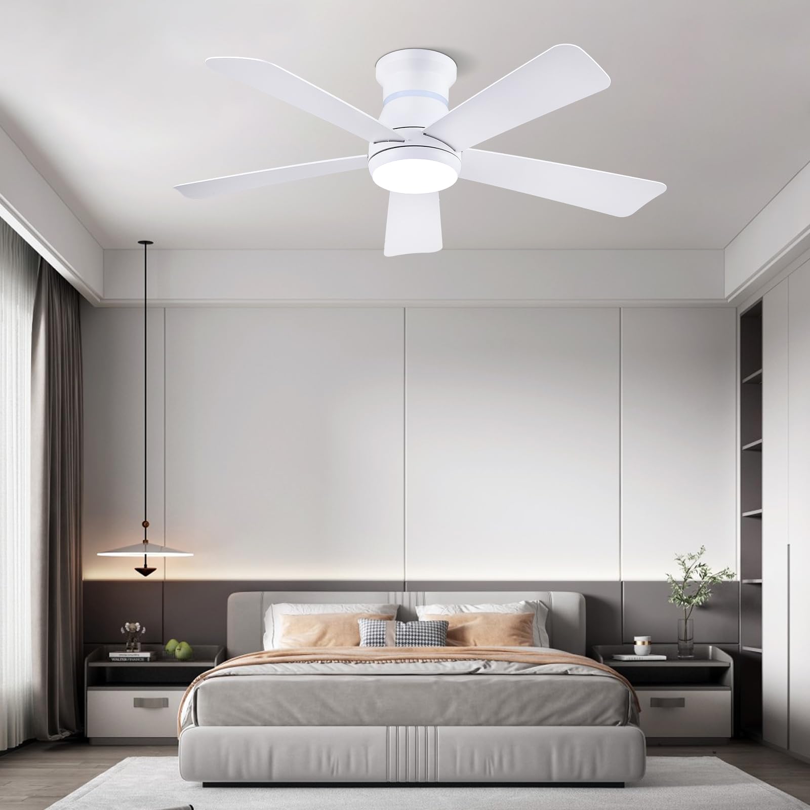 Surtime 117CM Weiße Deckenventilatoren mit RGB-Lichtern, Flush Mount, LED 3CCT dimmbar, Low Profile für Indoor