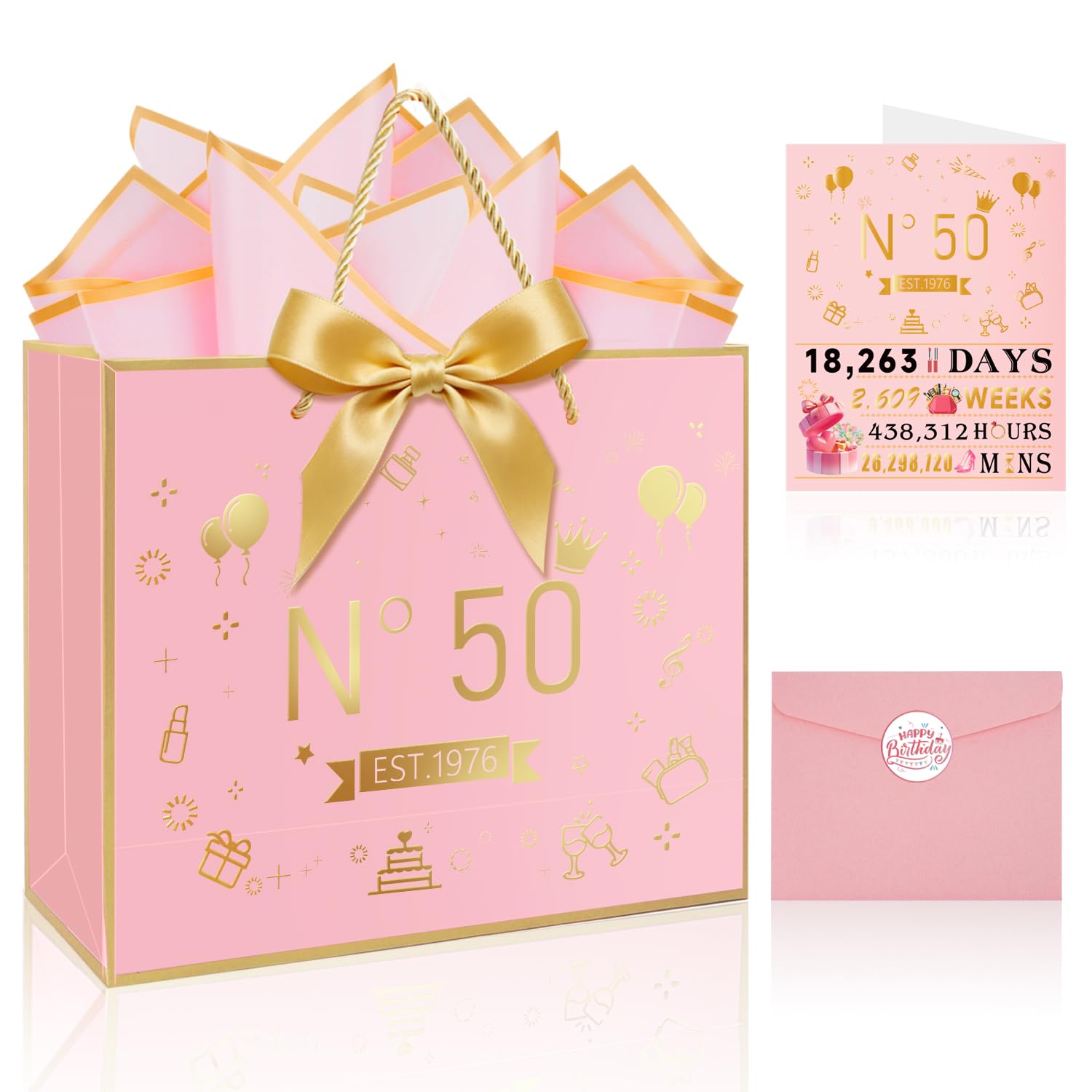 OLOSONG Happy 50th Birthday Gift Bag for Women,with Handles Design,50 years Time Greeting Card, Envelope Sticker Bow Ribbon and Tissue papers for Women Girls （13“Pink+Gold Hot Stamping）