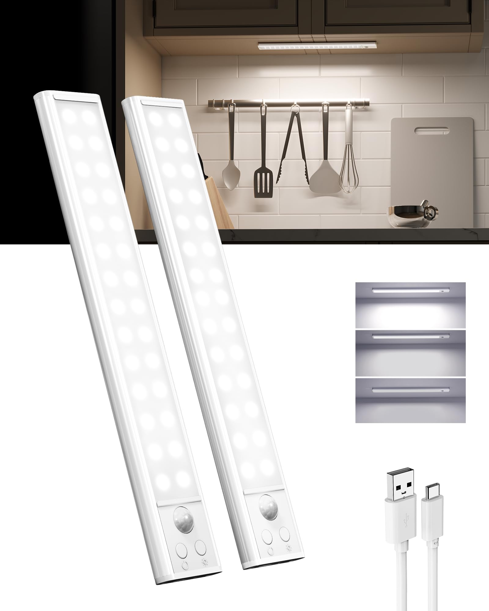 EZVALO LED Schrankbeleuchtung mit Bewegungsmelder, 25 cm, kabellos, USB-C wiederaufladbar, magnetisch, ohne Bohren, kaltweiß, für Schrank, Küche, Flur und Treppe, 2er-Set