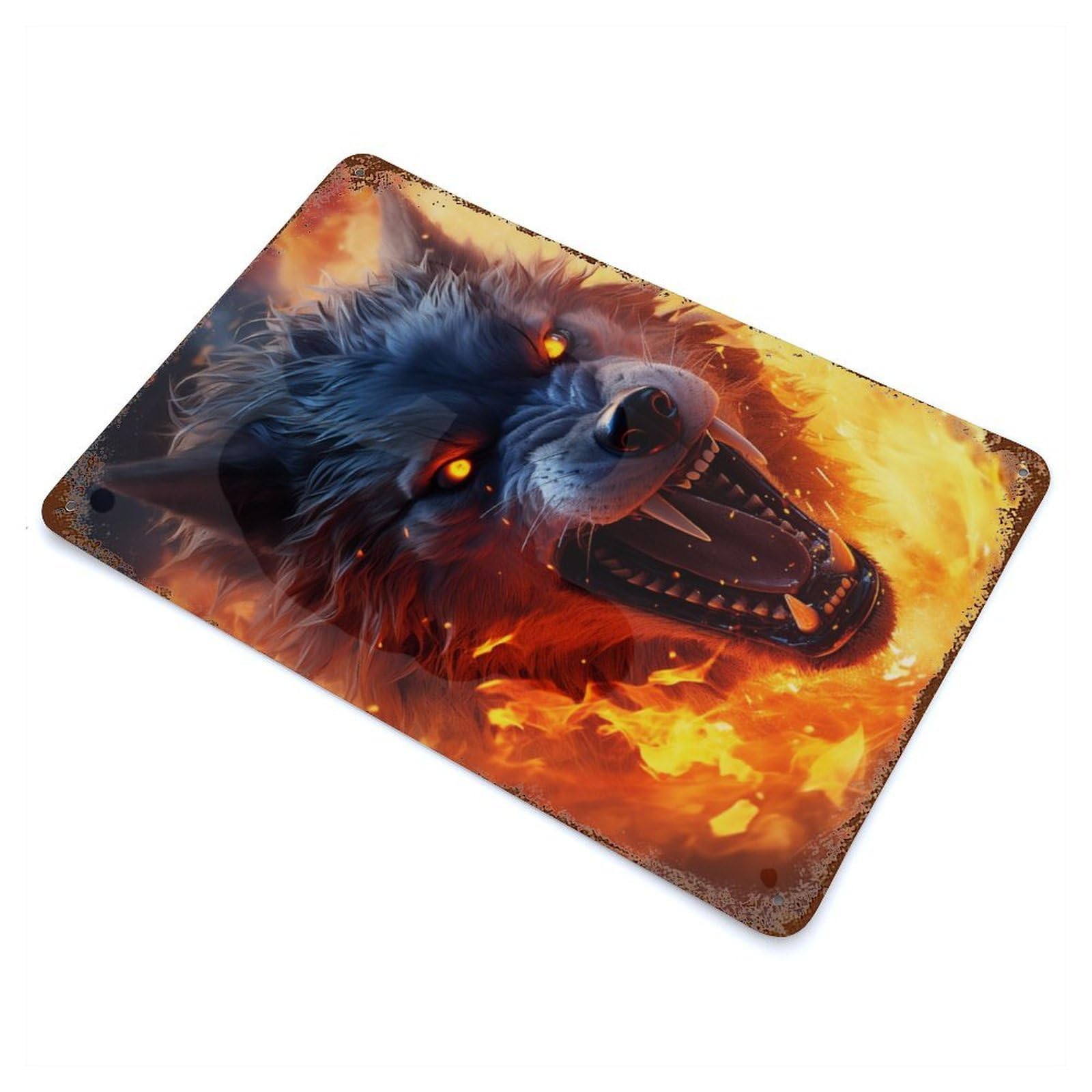 Furious Scary Wolf Fire Aged Metal Wall Plaque 11.8"x7.9", Old School Wall Decor for Garage, Bar And Workshop Decor