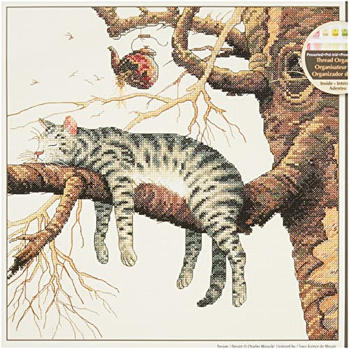 Image of Dimensions 'Too Pooped' Sleeping Cat Counted Cross Stitch Kit, 14 Count Ivory Aida, 11 inch x 11 inch, Small
