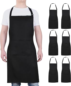 Will Well Chef Apron for Men and Women - 33" x 27" Large with 38" Waist Ties for a Comfy and Snug Fit, Durable and Lightweight, with 2 Spacious Pockets for Your Cooking Essentials - 6-Pack, Black