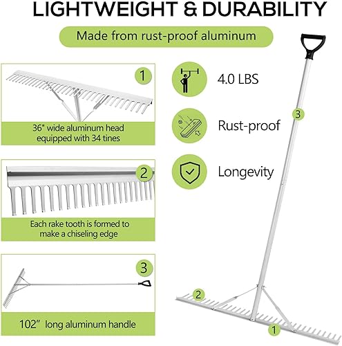 Miniatura 4 de Rastrillo flotante para lago, rastrillo multiusos de aluminio de 36 pulgadas con mango de extensión de 102 pulgadas y cuerda de 52 pies, eliminación