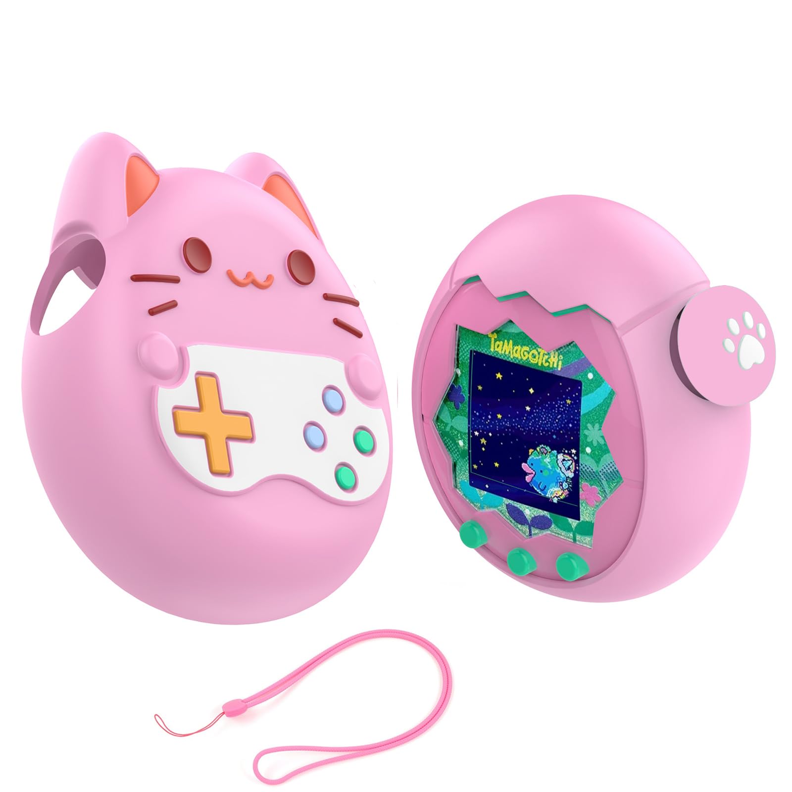 たまごっちパラダイス 保護カバー ピンク セット シリコン製 本体カバー ボタンキャップ 落とし防止ストラップ 付属 耐衝撃 全面保護