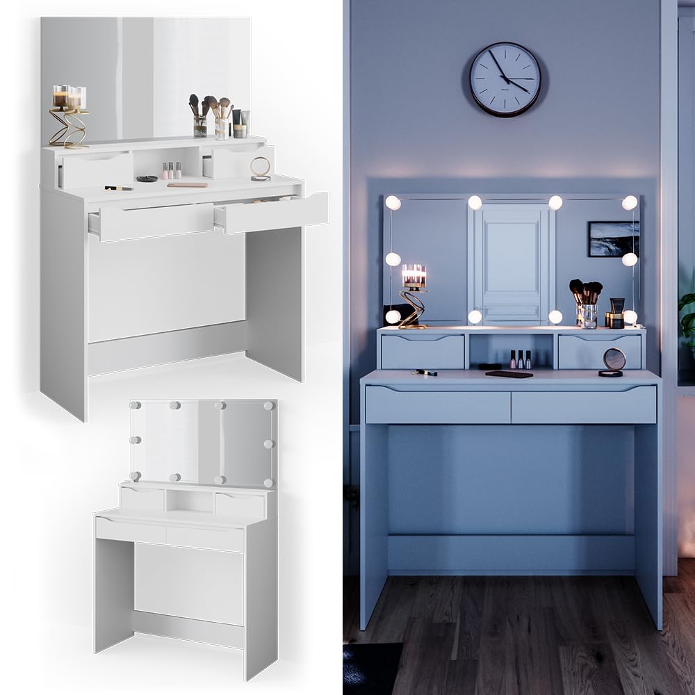 Coiffeuse Vicco Ruben Avec éclairage LED Et Miroir – Blanc – 142 Cm