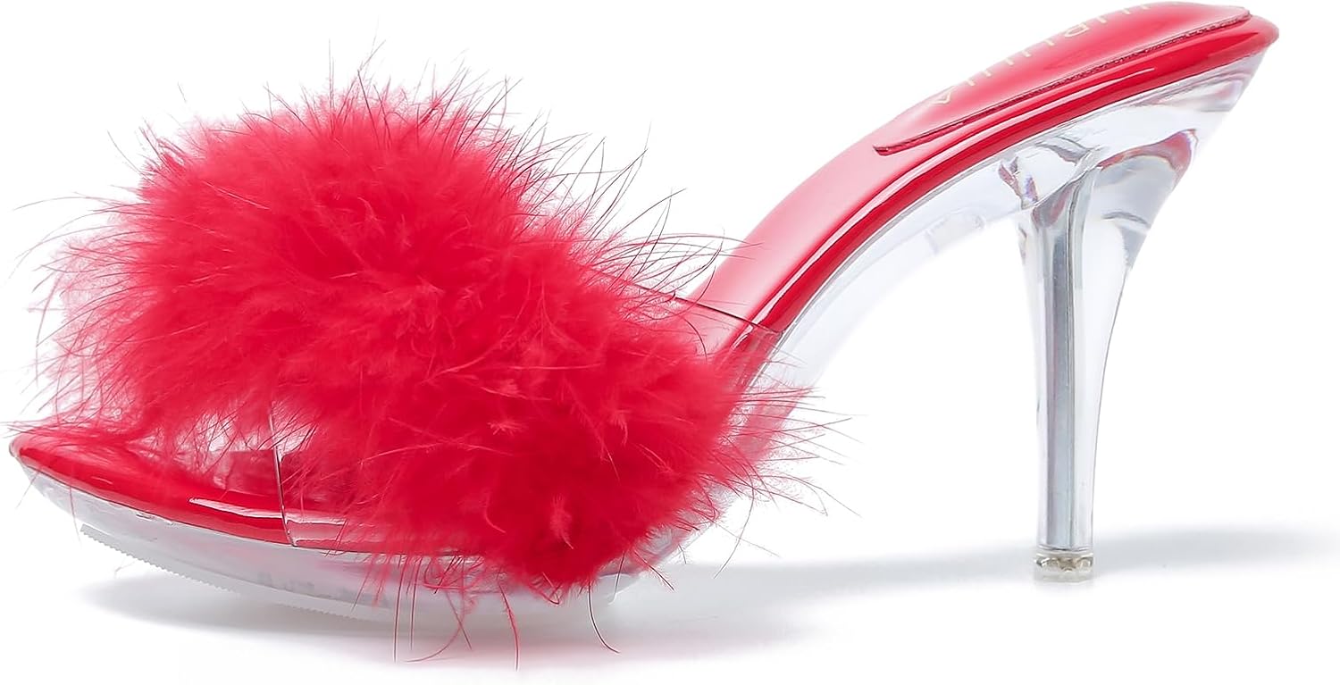 Heiyom Women's Fuzzy Slippers Clear Heels Pointed Toe Stilettos Heels Mules Sandals Fluffy Feather Slip On High Heeled Party Prom Dresses Shoes - Image 7