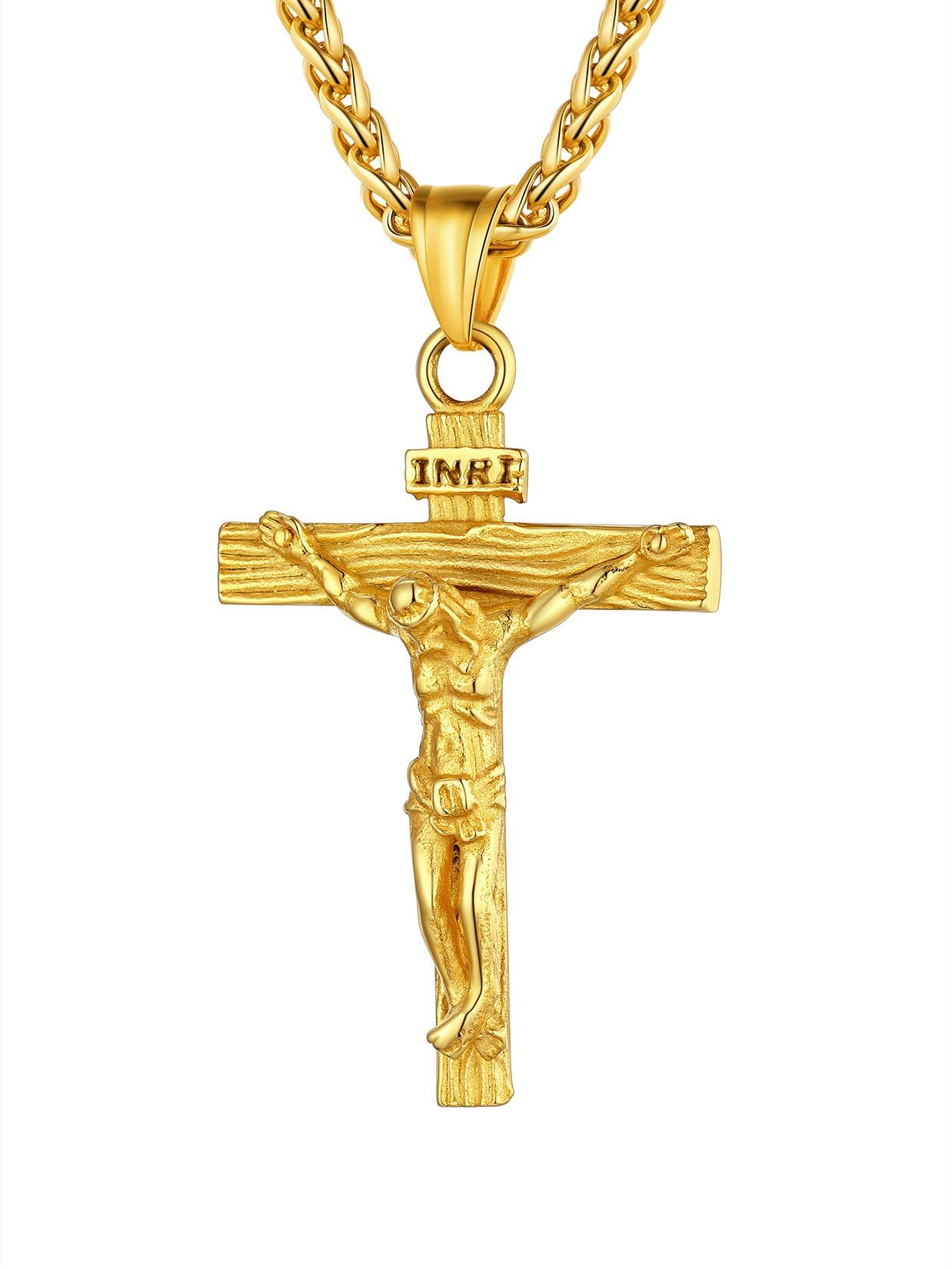 Men Crucifix Cross Pendant with Chain Baptism Christian Jewelry Stainless Steel/18K Gold Antique Jesus Necklace, Gift Packed,Length 22"
