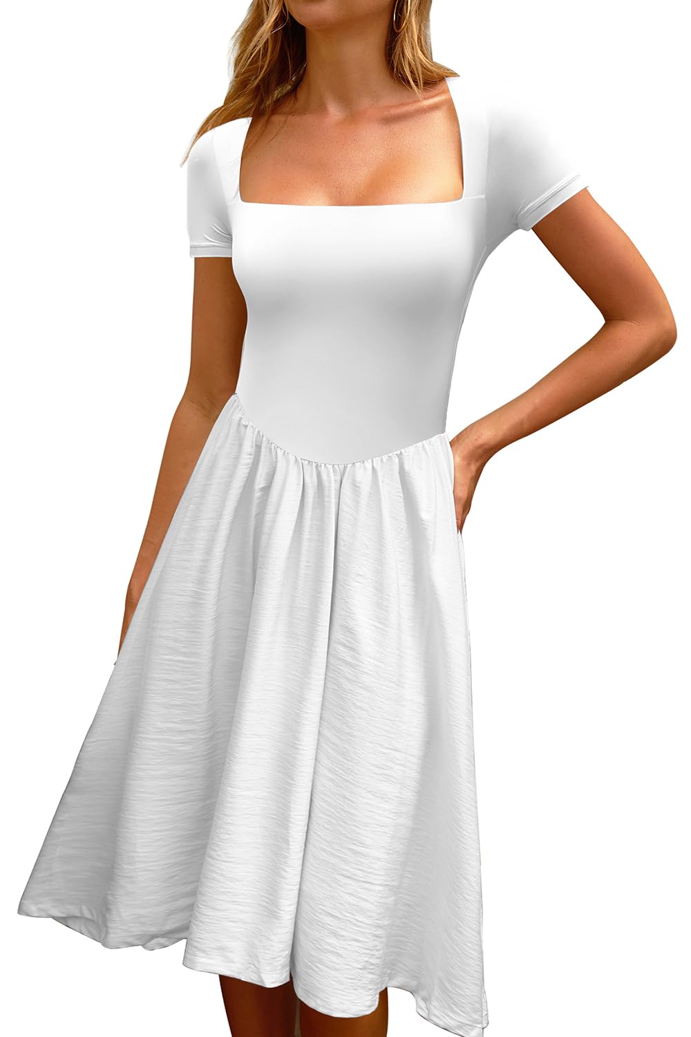 CHYRII Women Fashion Summer 2025 Square Neck Short Sleeve A-Line Midi Dress Long Sundress