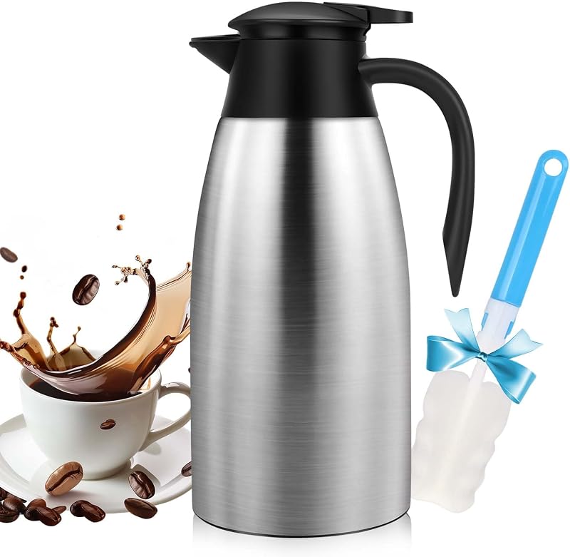 68OZ Coffee Carafes for Keeping Hot, Stainless Steel Thermal Carafe, Silver | Double Wall Vacuum Insulated Pitcher, Splash Proof, Stainless Steel Carafe with Lid for Coffee Tea Keep Hot 12 Hours