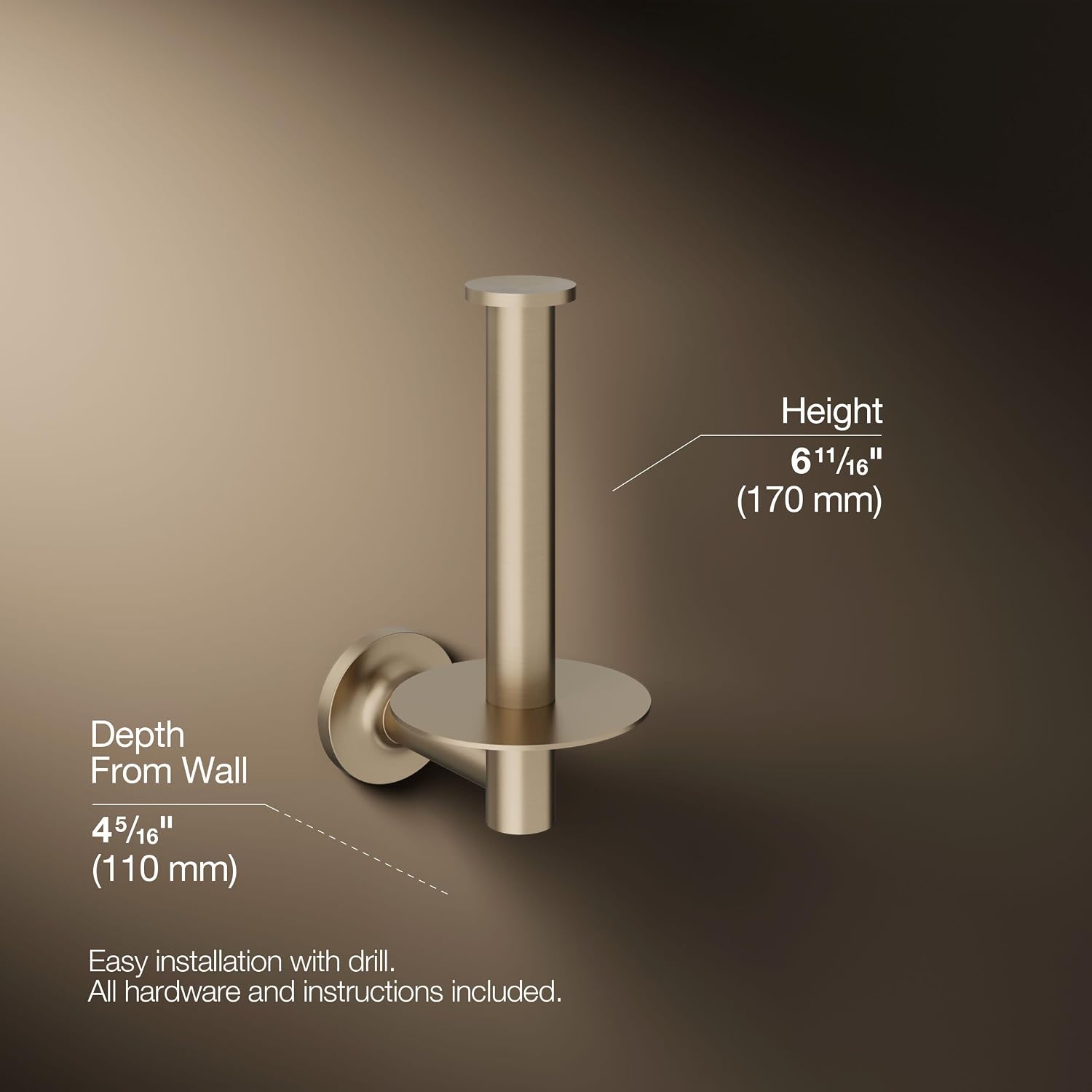 KOHLER K-14444-BV Purist Vertical Toilet Paper Holder Wall Mount, Metal Toilet Paper Holder, Vibrant Brushed Bronze