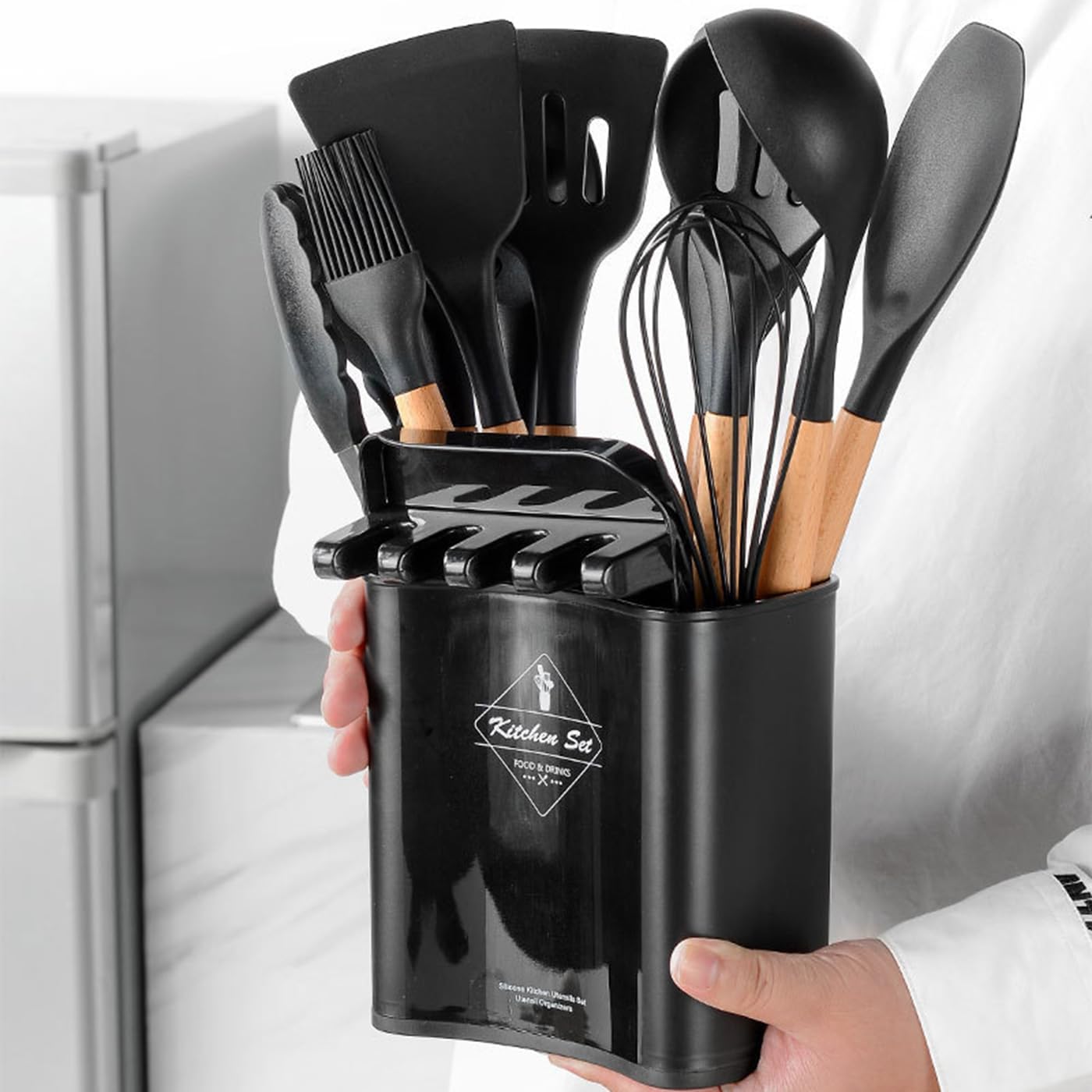 Black Silicone Cooking Utensils Set, 13pcs Kitchen Tools with Wooden Handle, Rest for Utensils and Pot Lid, Non-Stick Silicone Spatula, Tongs, Whisk.