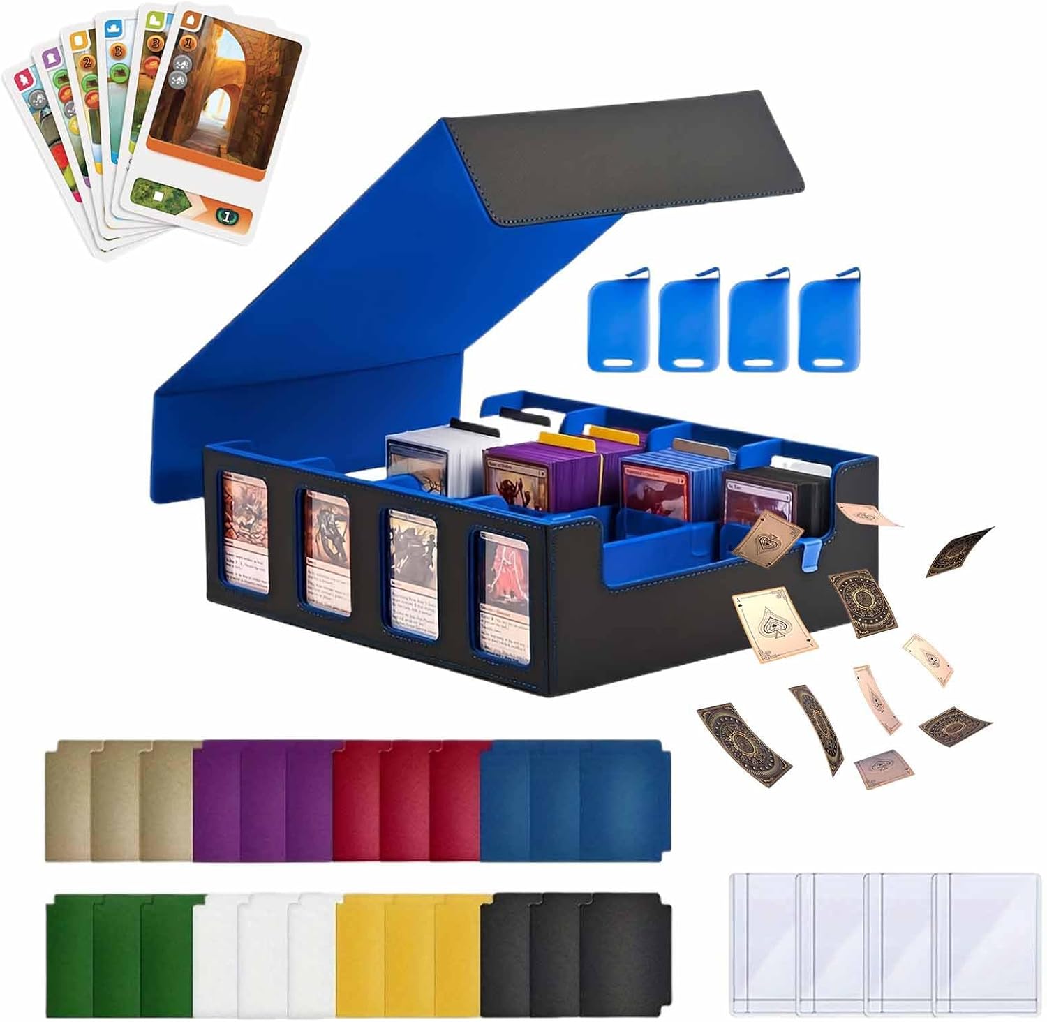 トレーディングカード 収納ボックス,カード ストレージケース | 蓋取り外し可能4行コンテナ スリーブサポーター仕切り付き コレクシ