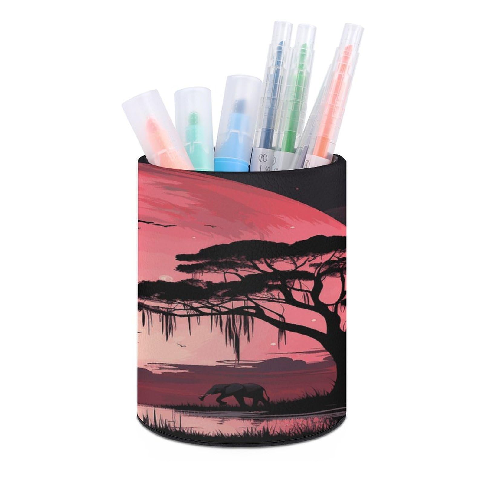 JTREHY Pink Moon Elephant Pen Holder Round Pen Pencil Holder Makeup Brush Holders Cup PU Leather Pencil Cups Desktop Caddy Stationery Organizer Case Office Accessories Container Box