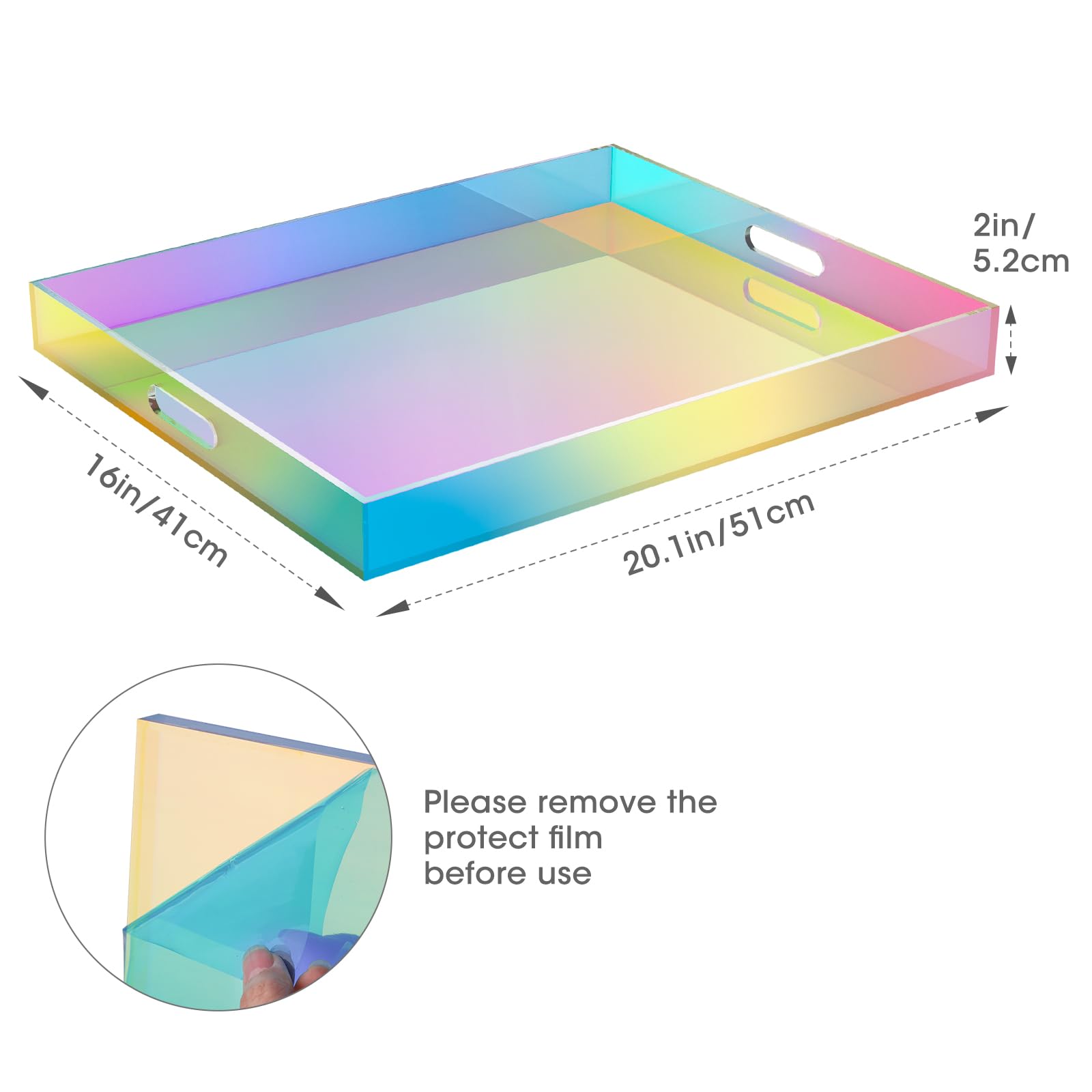 NiHome Bandeja acrílica iridiscente de 20 x 16 pulgadas para organizar y servir, material duradero y fácil de limpiar con diseño reflectante de luz, asas ergonómicas fáciles de llevar, estabilidad