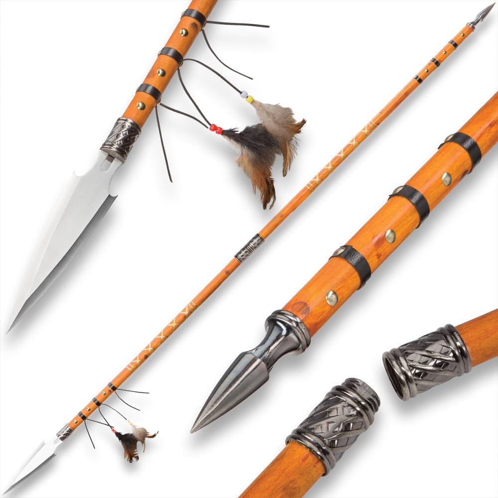 Replica Double Pointed Native Spear | Wooden Shaft | Stainless Steel Spearhead & Spike | Breaks Down | Leather & Feather Adornments | Take It Out Hunting | Overall Length 67 1/4"