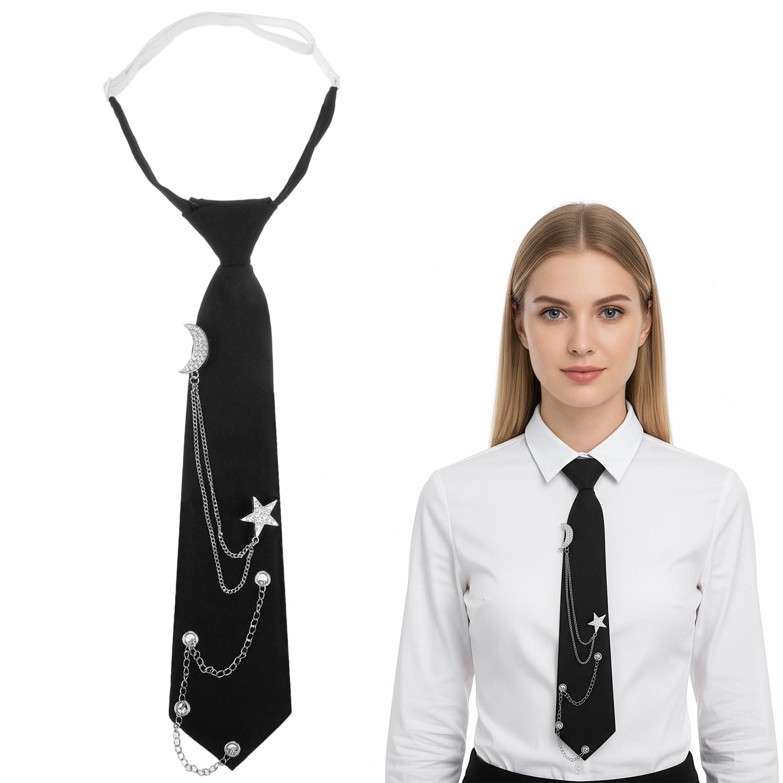 Cravate pour Femme, Cravate Noire Pré-nouée Réglable avec Chaîne - Accessoires pour Chemise Uniforme - Pour Homme Femme - Vêtements Punk Goth Emo