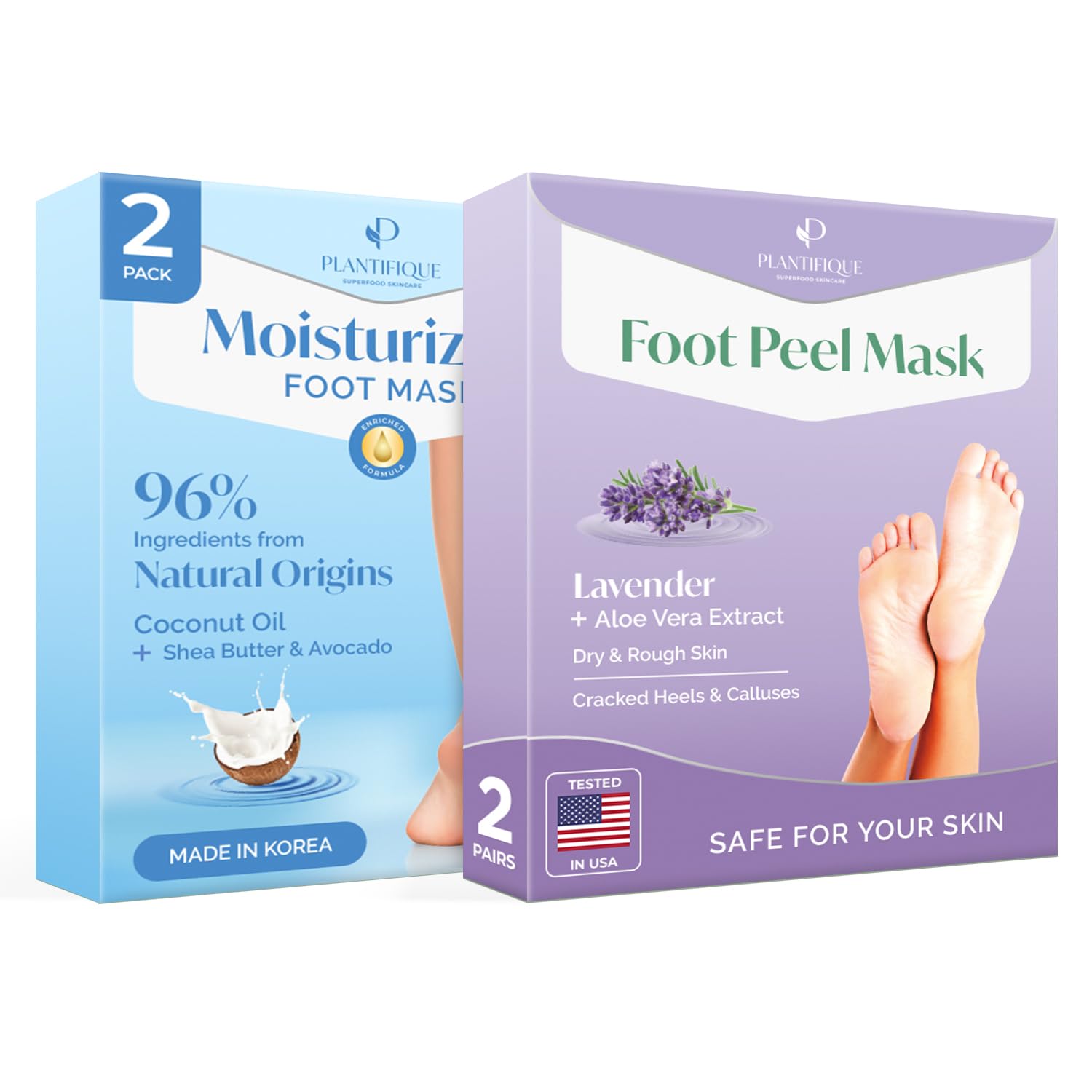PLANTIFIQUE Hydrating Foot Mask for Dry & Cracked Feet - NOT Peeling - 2 Pack and Foot Peel Mask with Lavender 2 Pack