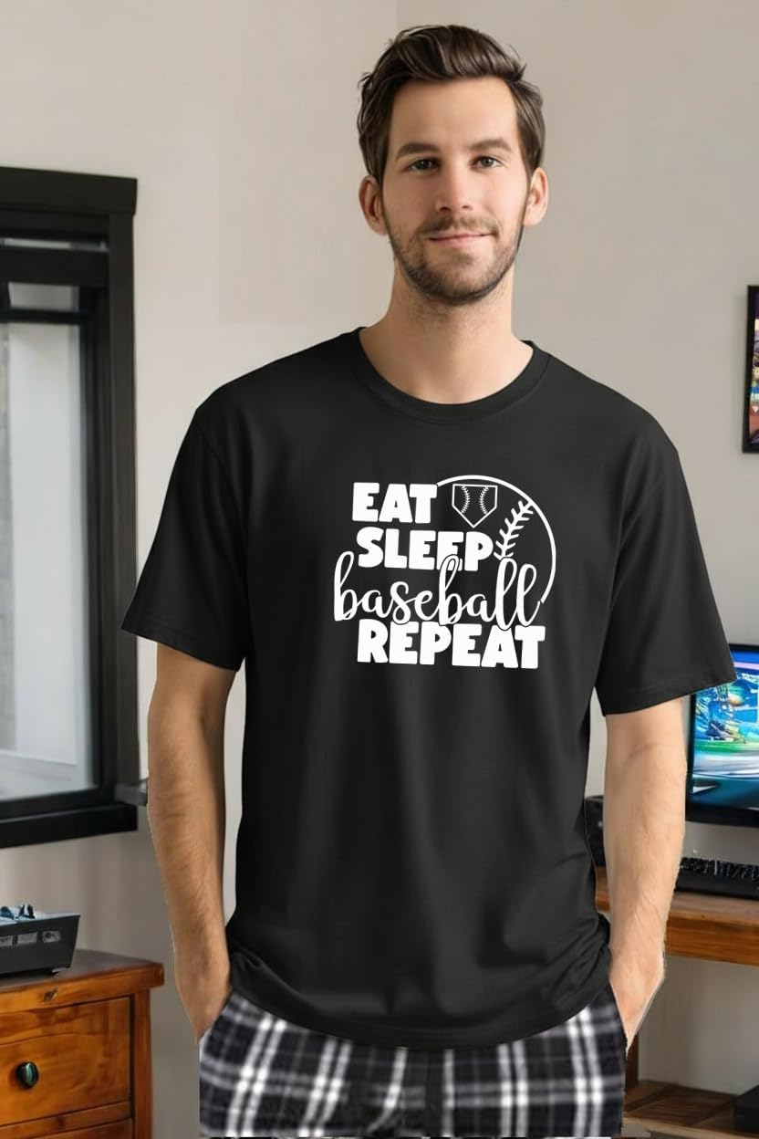 Studio 9Thirty3 Eat Sleep Baseball Repeat Loungewear Set – Men’s Comfy Flannel Pant & Tee Sleep Set, Gift for Fans & Players