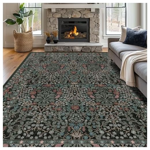 shinefly 8x10 Washable Area Rugs for Living Room, Stain Resistant Vintage Rugs for Dining Room Under Kitchen Table, Bedroom, Floral Low Pile Non-Slip Large Carpet (8 x 10 Dark Green)