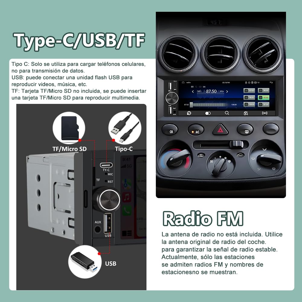 Junsun Radio Coche 1 DIN con CarPlay y Android Auto Inalámbrico, Autoradio con Pantalla Táctil de 6,36" y Cámara Trasera, Admite Bluetooth, FM, USB, TF, DSP y Mandos al Volante