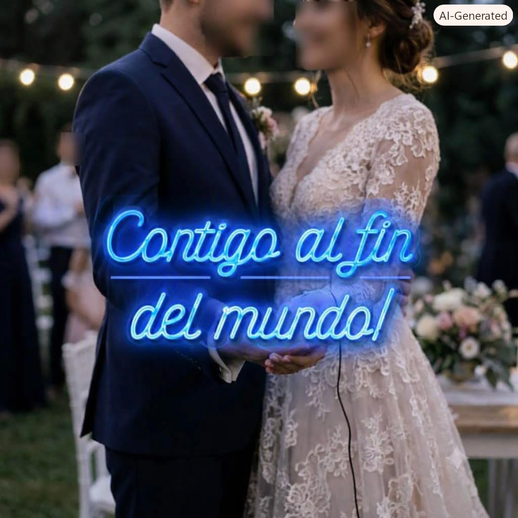 Letrero led neón flex BODA contigo al fin del mundo! cartel metacrilato transparente medidas 60 cm x 27 cm alimentacion 12 v