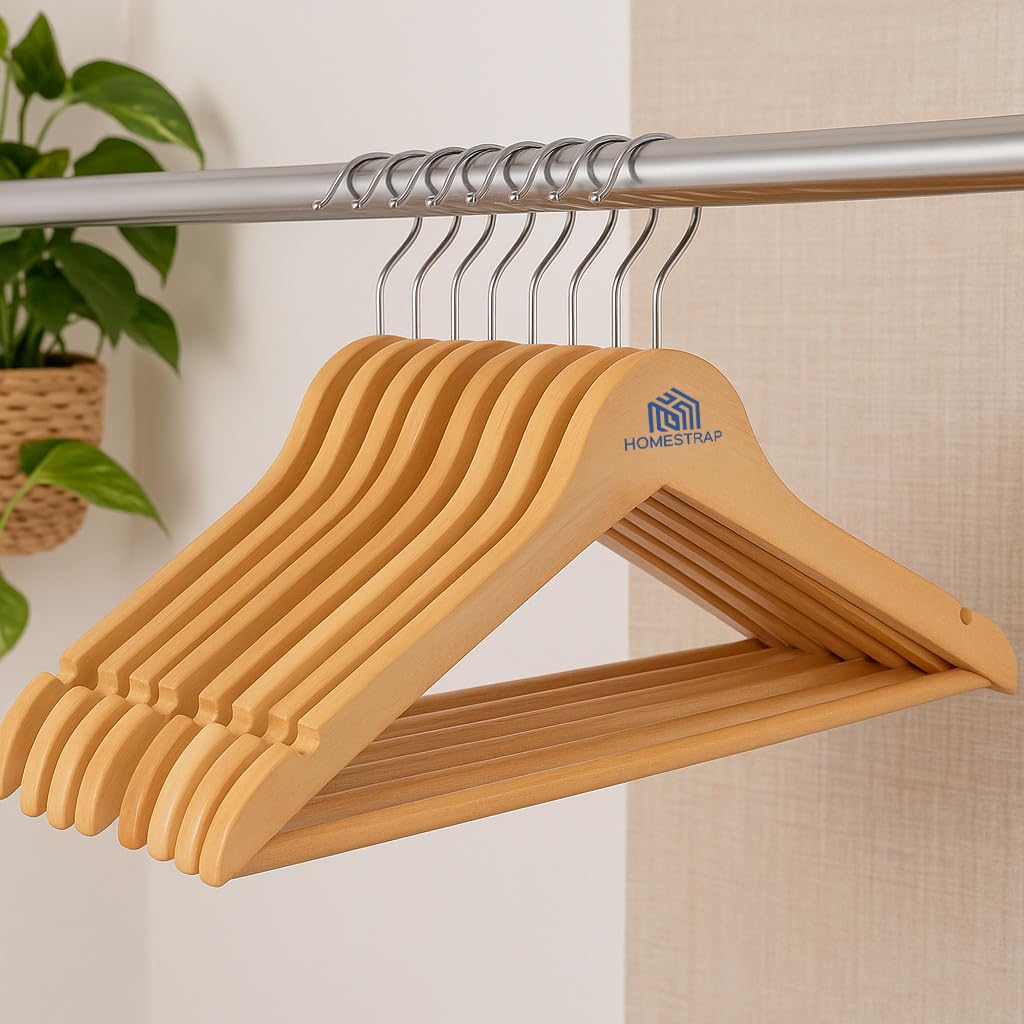 Homestrap Premium Round Bar Wooden Hanger (Pack of 8)| Durable Wooden Garment Hangers with Cut Notches & 360 Degree Swivel Chrome Hook for Hanging Heavy Clothes