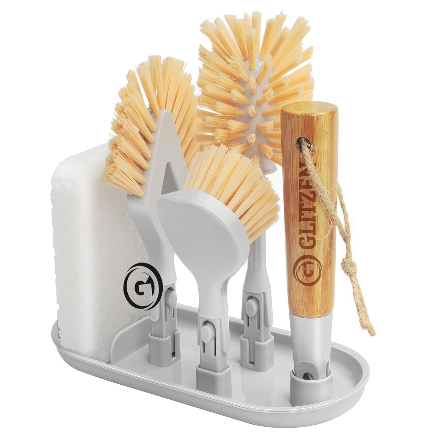 Kitchen Scrub Dish Brush Set with Storage Holder,4 in 1 Kitchen Cleaning Brush Set with 3 Interchangeable Brushes,Sponge-Bamboo Handle, for Dishes,Bottles Brush and Corners (White) (B0CRH7LMYL) Amazon Price History, Amazon Price Tracker
