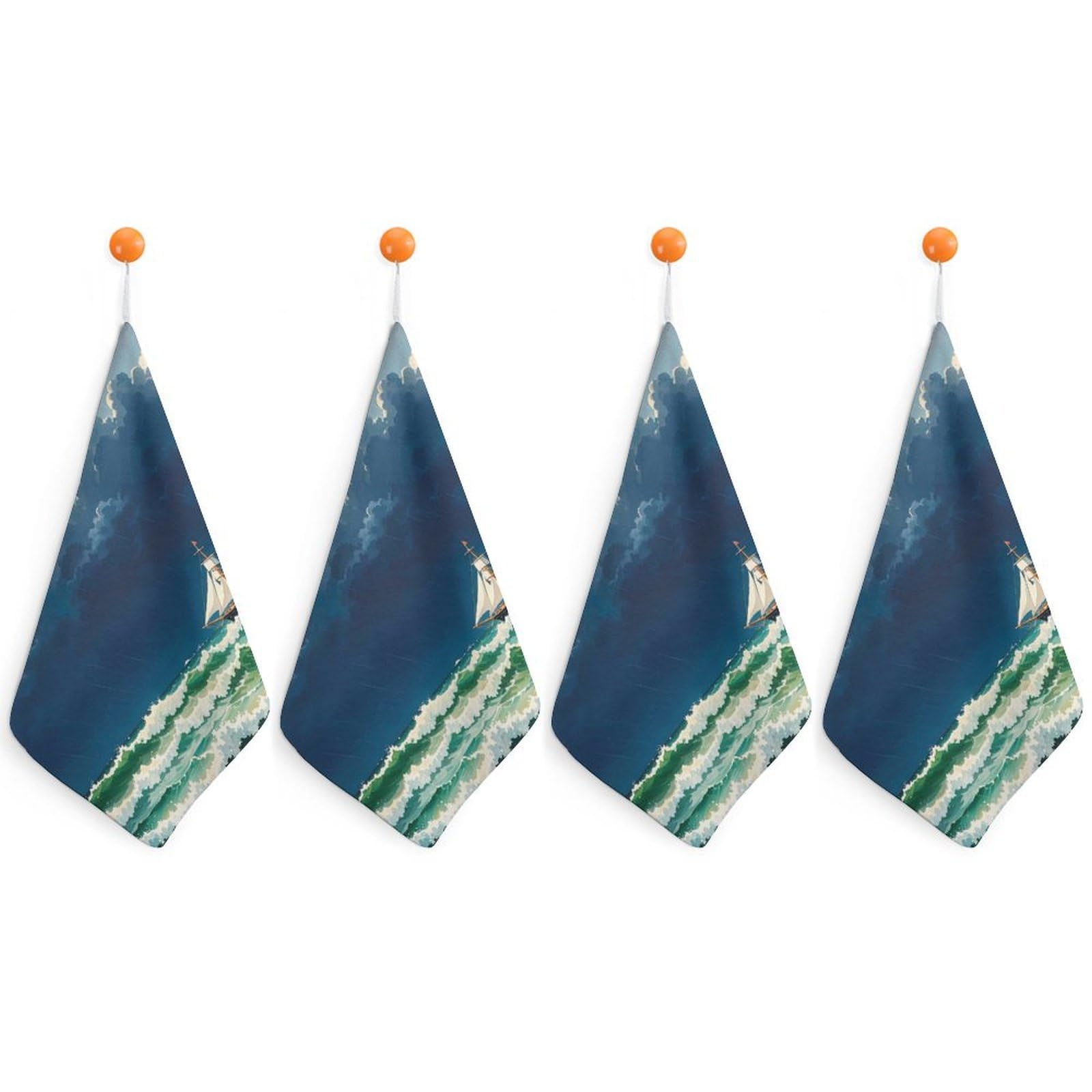 QMNLKH Stormy Waves Vintage Sailboat Hand Towels for Kitchen, Quick Dry Hanging Hand Towels with Loops, Absorbent Hand Towel for Bathroom, Square Soft Microfiber Towels for Gym, 11.8inch 4PCS