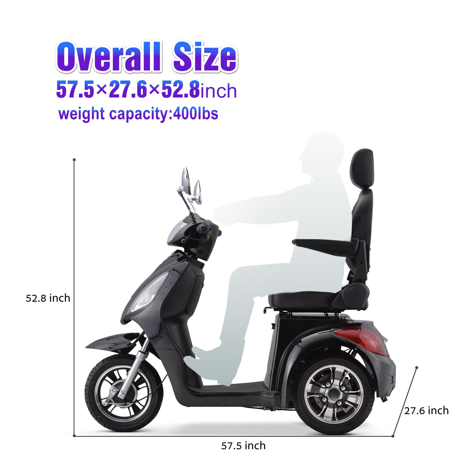 Electric Large 3 Wheel Mobility Scooters, Heavy Duty Wheelchair Device, 400 LBS Capacity for Seniors & Adults, Speed Adjust, Remote Key, Assembled in US, Receive Ready to Ride (Black)
