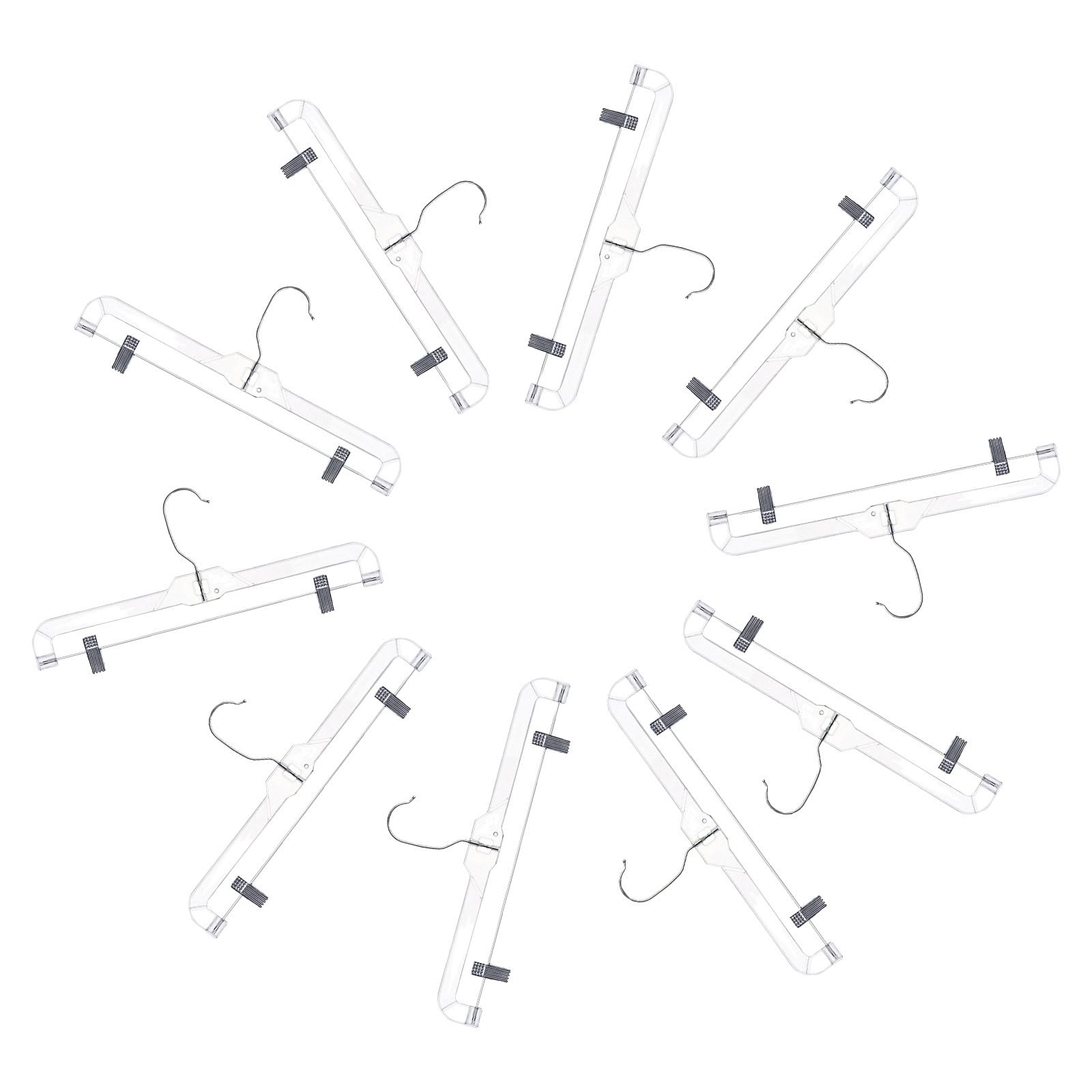 Perchas para Pantalones con Clips Ajustables, 10 Unidades, Transparentes | Ganchos Giratorios 360°, Barra Telescópica, Plástico E Hierro, para Tallas Variadas sin Deformación