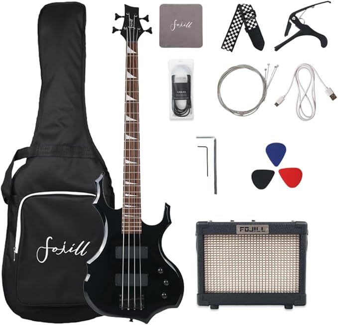 Fojill Full Size 4 Four String Electric Bass Guitar 10W Battery Power Bluetooth Amplifier Amp Beginner Starter Kit Set Combo Bundle Package Accessory Bag,Picks,Capo,Cable,Strings(Black)