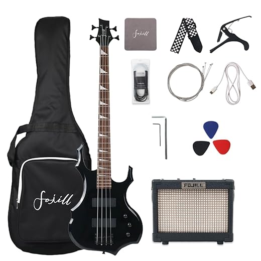 Full Size 4 Four String Electric Bass Guitar 10W Battery Power Bluetooth Amplifier Amp Beginner Starter Kit Set Combo Bundle Package Accessory Bag,Picks,Capo,Cable,Strings(Black)
