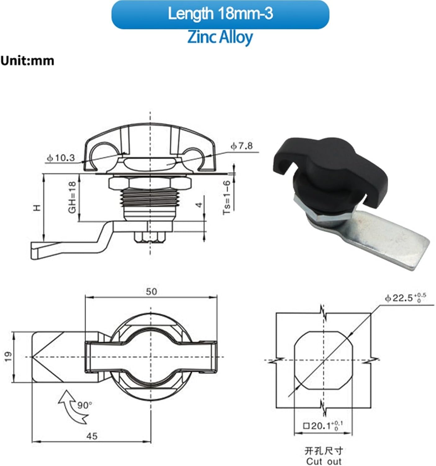 Door Lock Industrial Equipment Handle Cylindrical Rotating Tongue Lock Cabinet Electrical Box Door Hardware 1 Piece(with Lock-3)