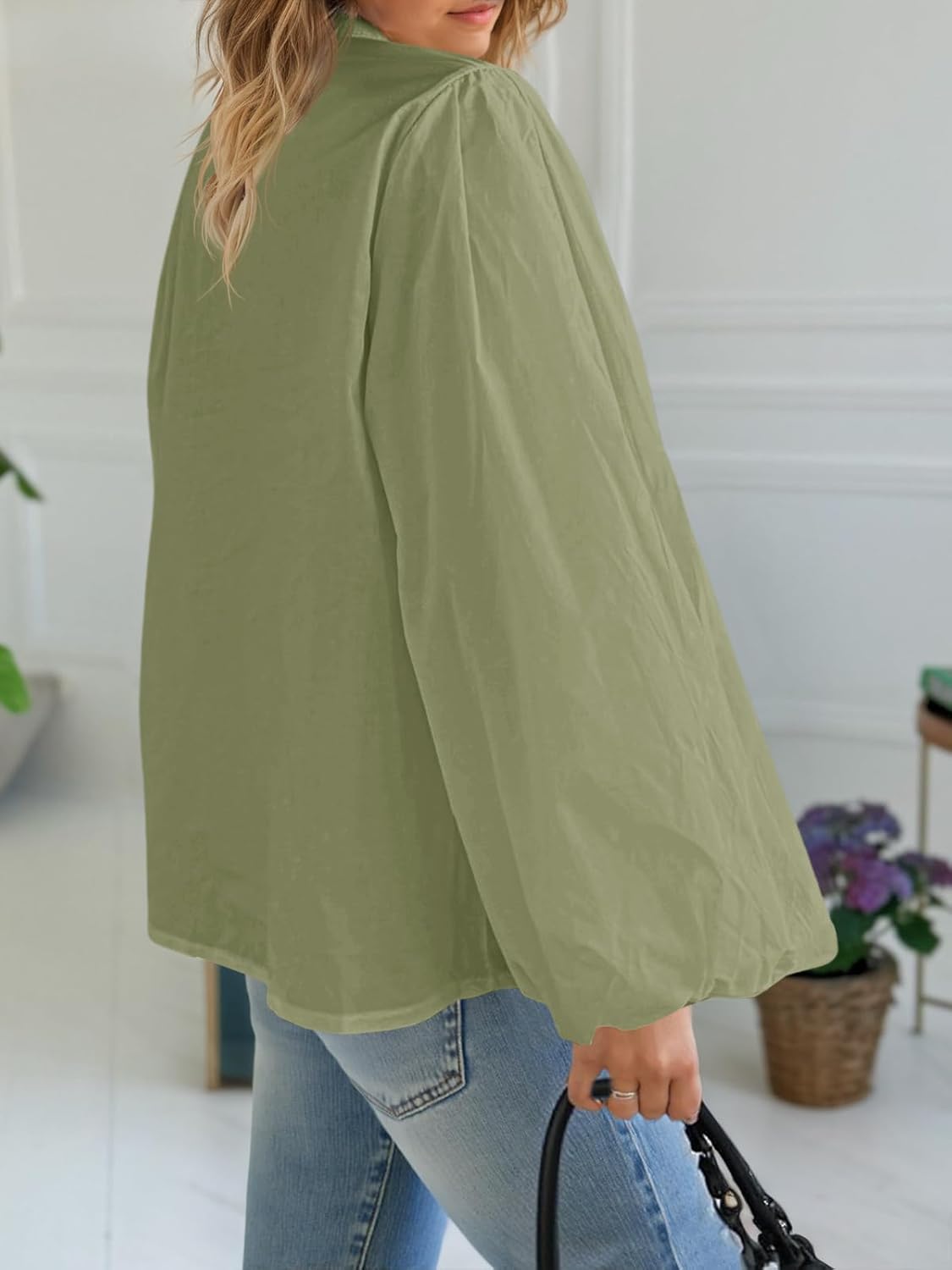 Tankaneo Womens Lantern Sleeve Button Down Shirts Oversized Mock Neck Blouse Trendy Casual Loose Fit Cotton Tops - Image 2