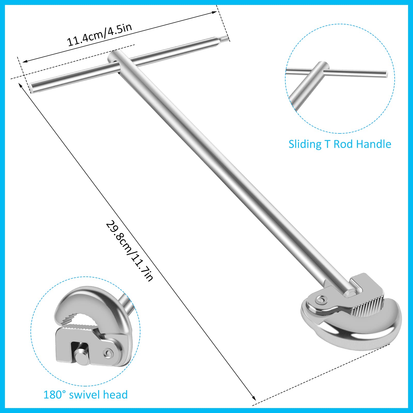 Clé de lavabo rotative à 180 degrés réglable en acier au carbone robuste pour robinet de robinet, outil de réparation universel pour évier, salle de bain, cuisine (argenté)