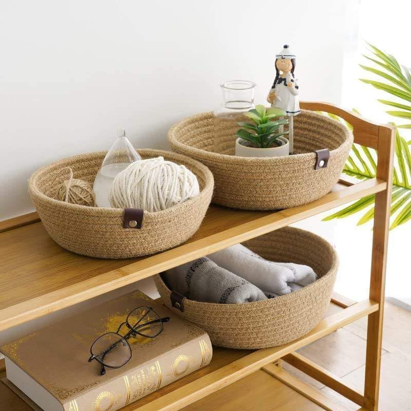 Image of [Set of 3-9 inch,8 inch,7 inch inch, Round, Beige] Handwoven Soft Jute Cotton Basket | Naturally Reshapes After Filling | Ideal for Storage, Organization & Gift Hampers
